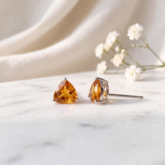 Genuine Citrine Trillion Cut Stud Earrings, 14k White Gold, November Birthstone