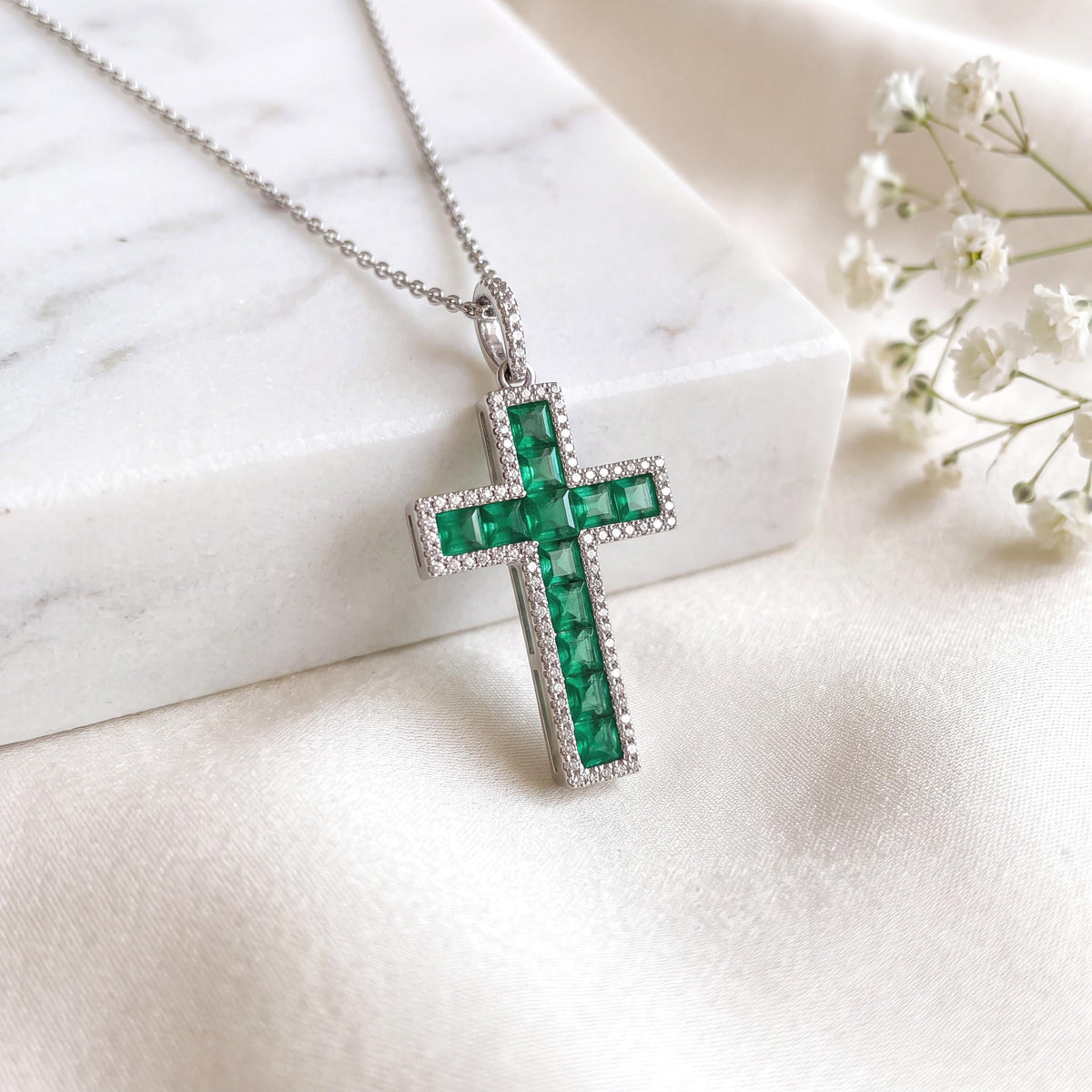 Genuine Emerald and Diamond Halo Cross Pendant, 14k Solid White Gold, May Birthstone, Gift for Her