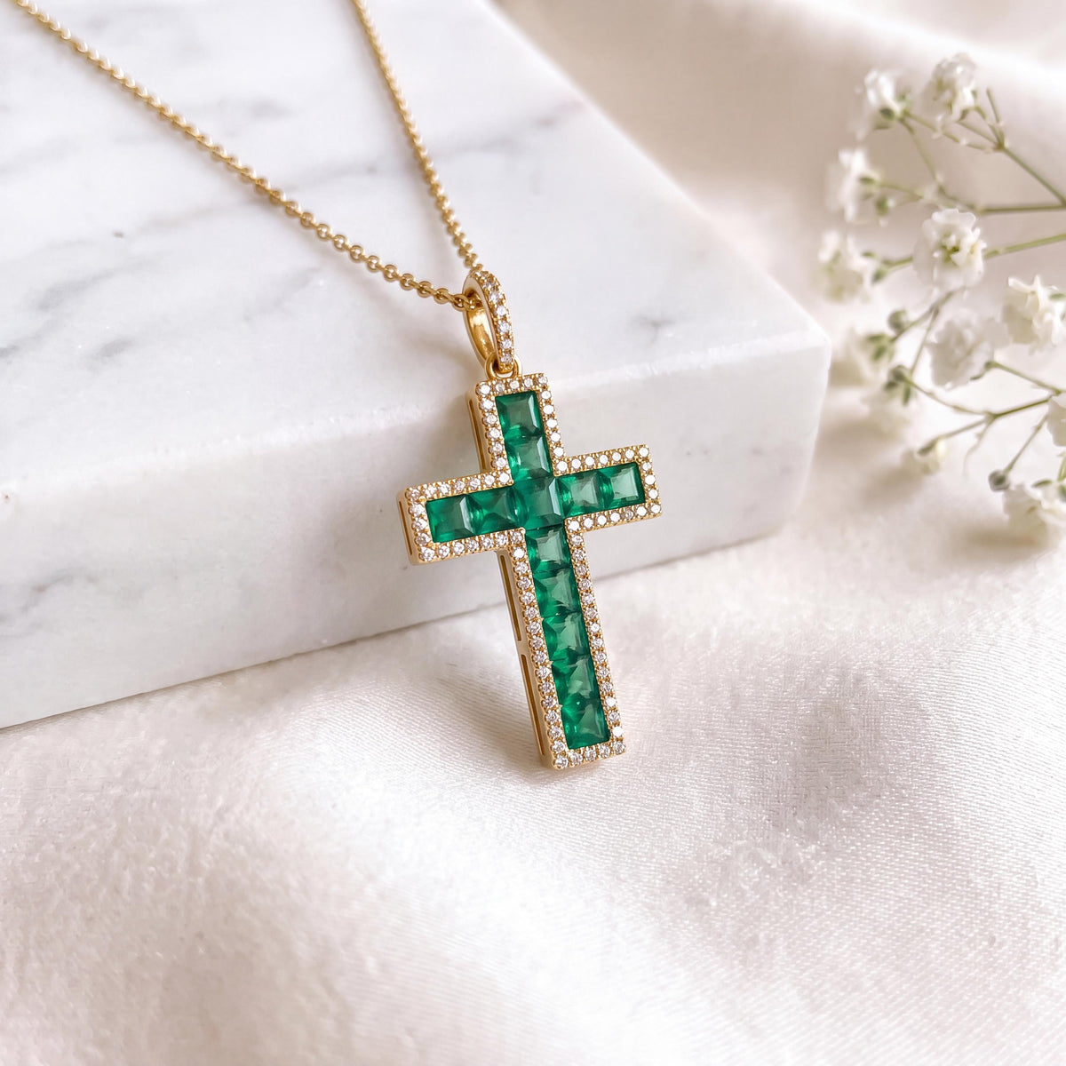 Genuine Emerald and Diamond Halo Cross Pendant, 14k Solid White Gold, May Birthstone, Gift for Her