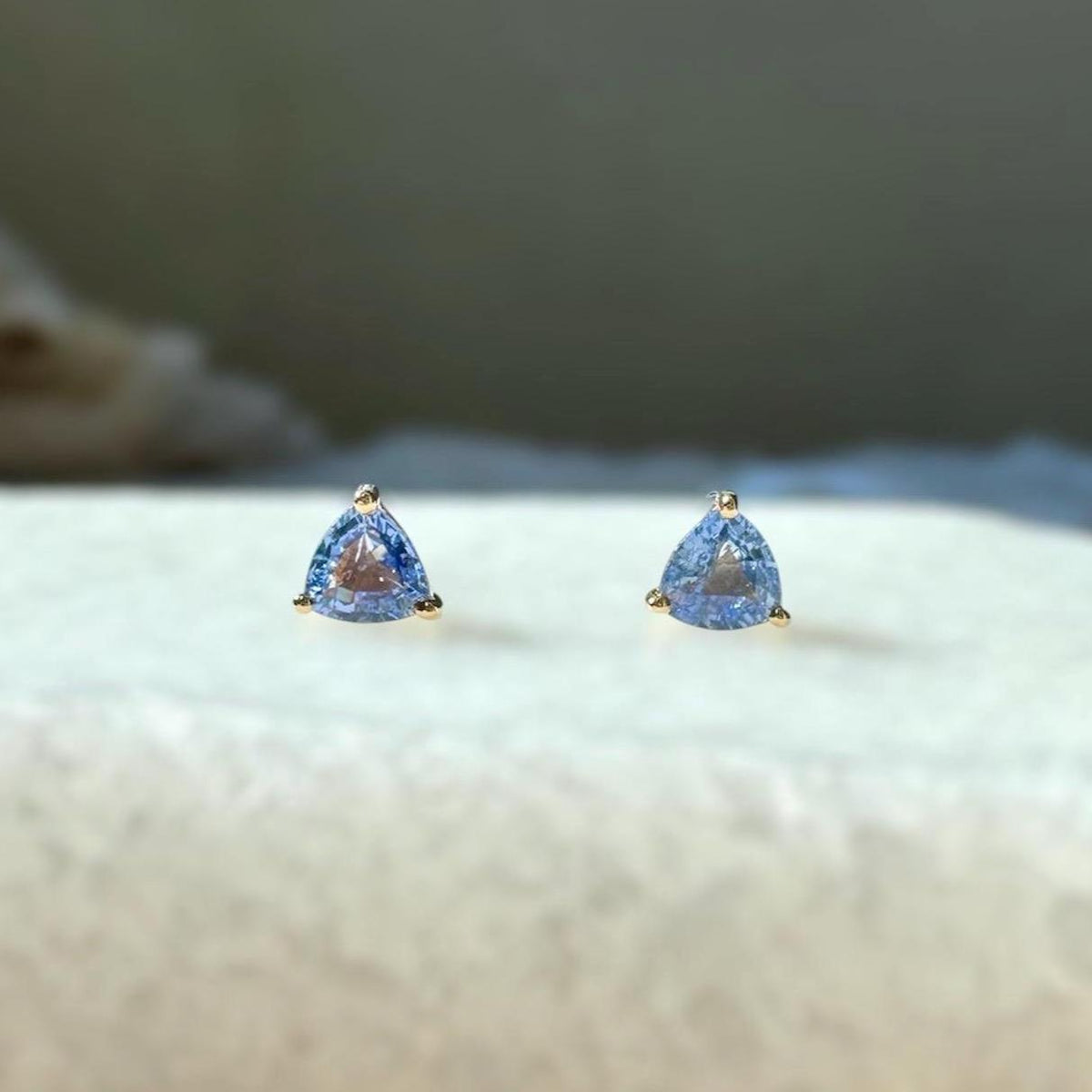 Genuine Ceylon Sapphire Trillion Cut Stud Earrings, 14k Solid Yellow Gold, September Birthstone Gift