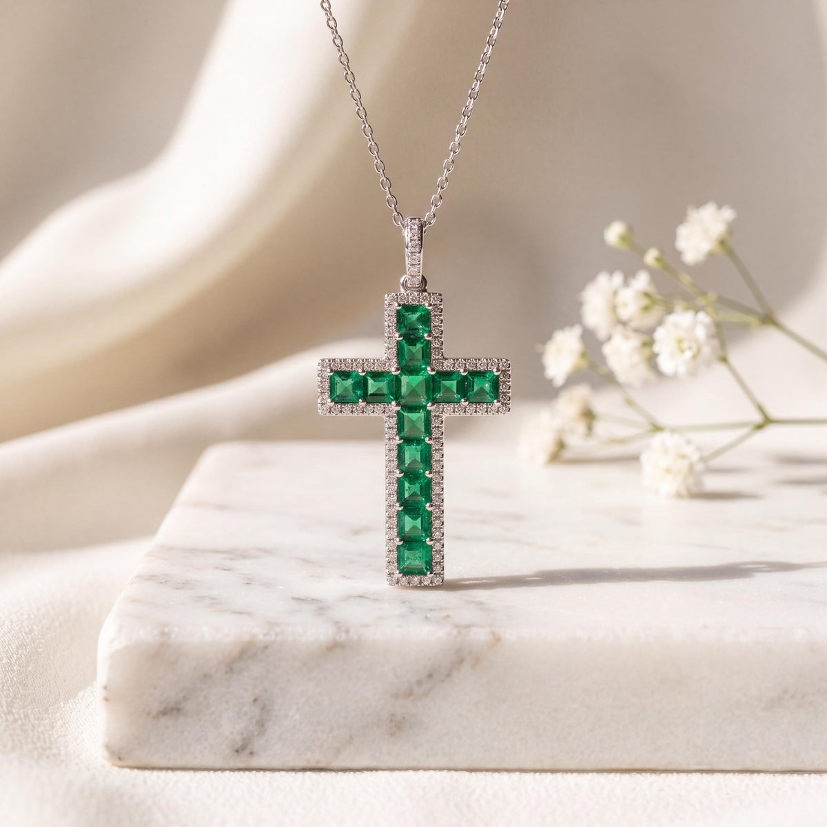 Genuine Emerald and Diamond Halo Cross Pendant, 14k Solid White Gold, May Birthstone, Gift for Her