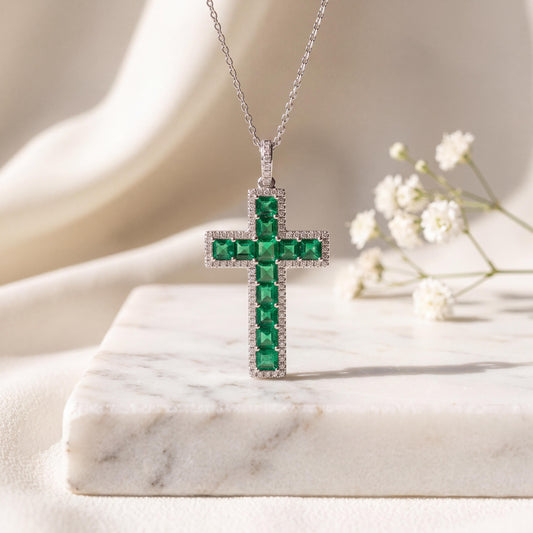 Genuine Emerald and Diamond Halo Cross Pendant, 14k Solid White Gold, May Birthstone, Gift for Her