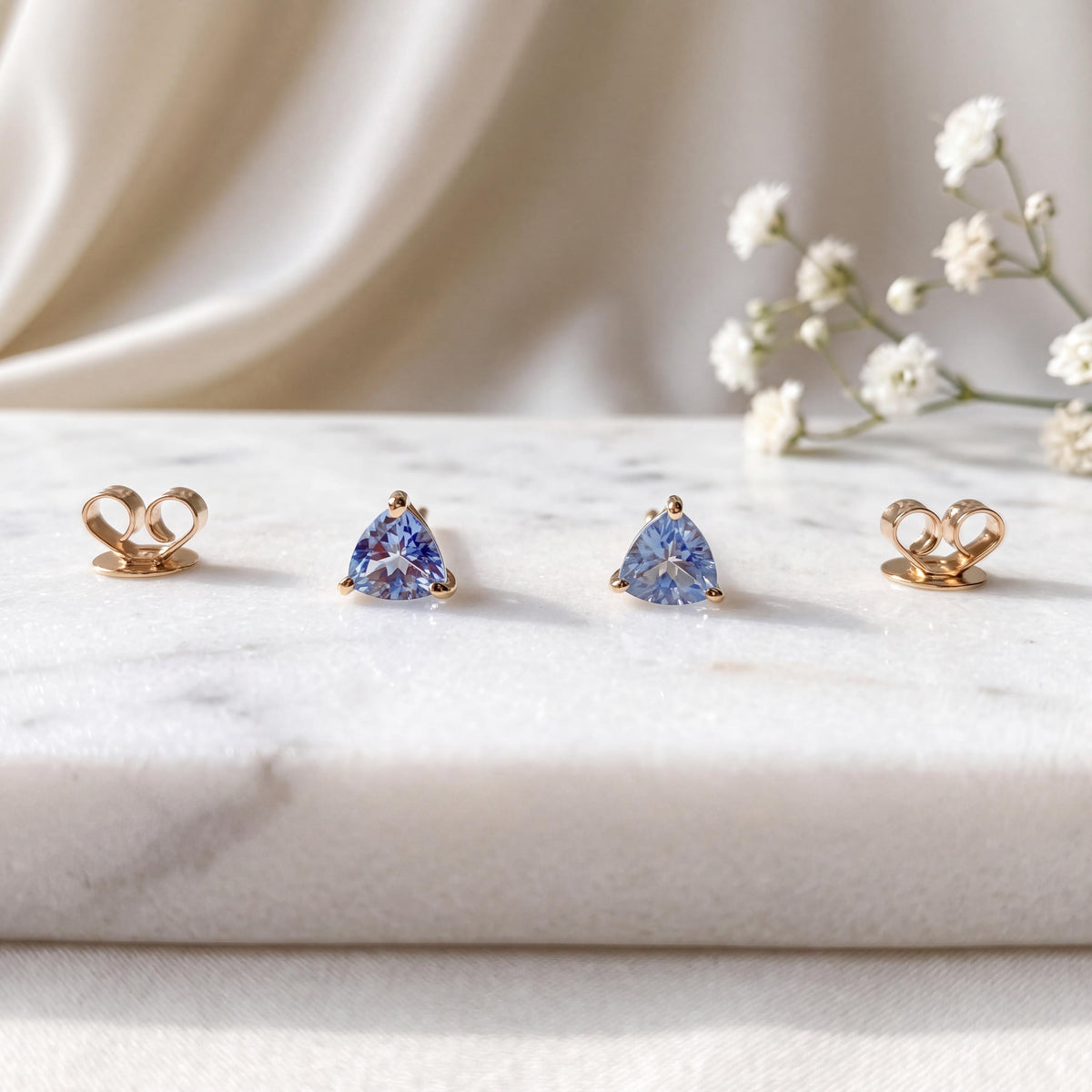 Genuine Ceylon Sapphire Trillion Cut Stud Earrings, 14k Solid Yellow Gold, September Birthstone Gift