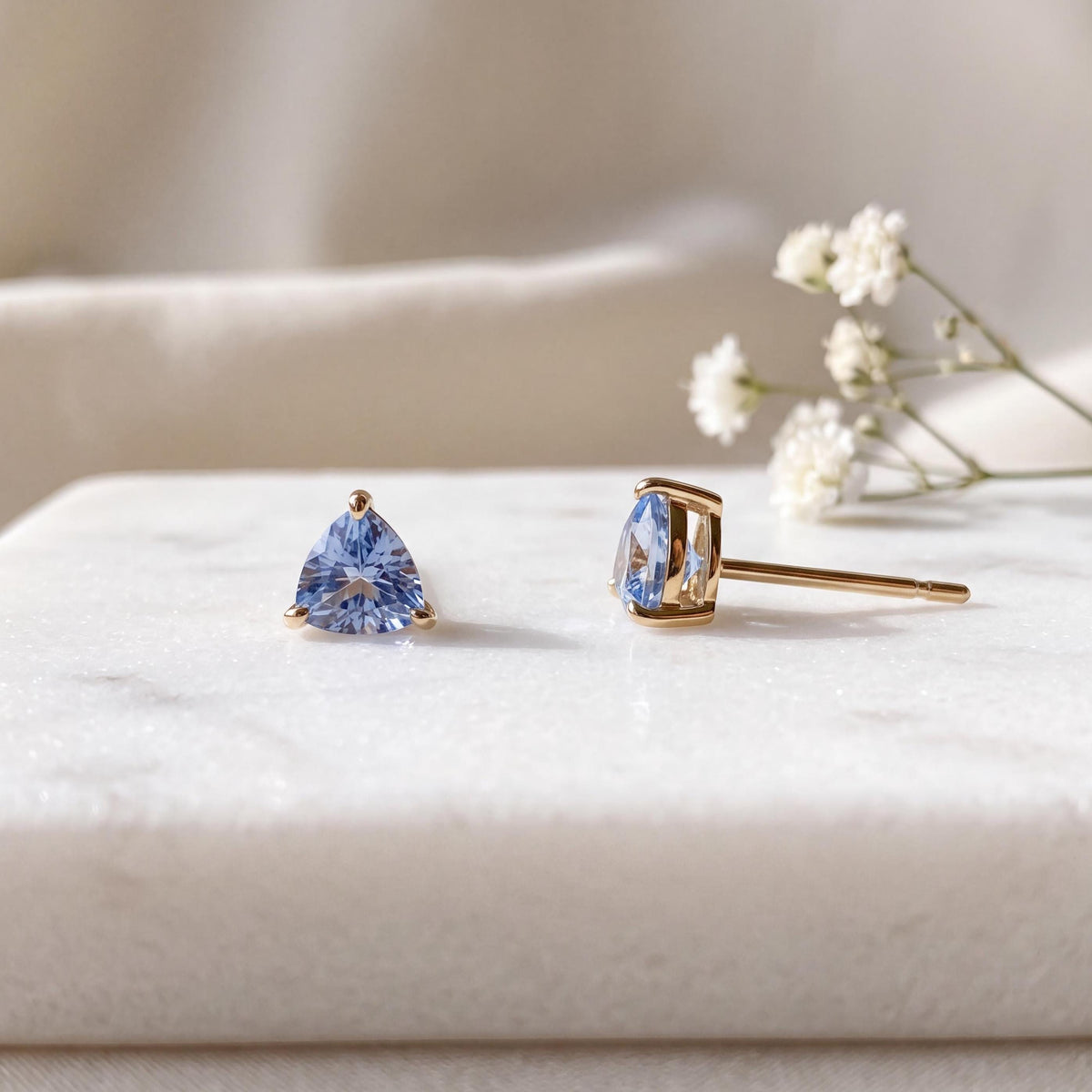 Genuine Ceylon Sapphire Trillion Cut Stud Earrings, 14k Solid Yellow Gold, September Birthstone Gift