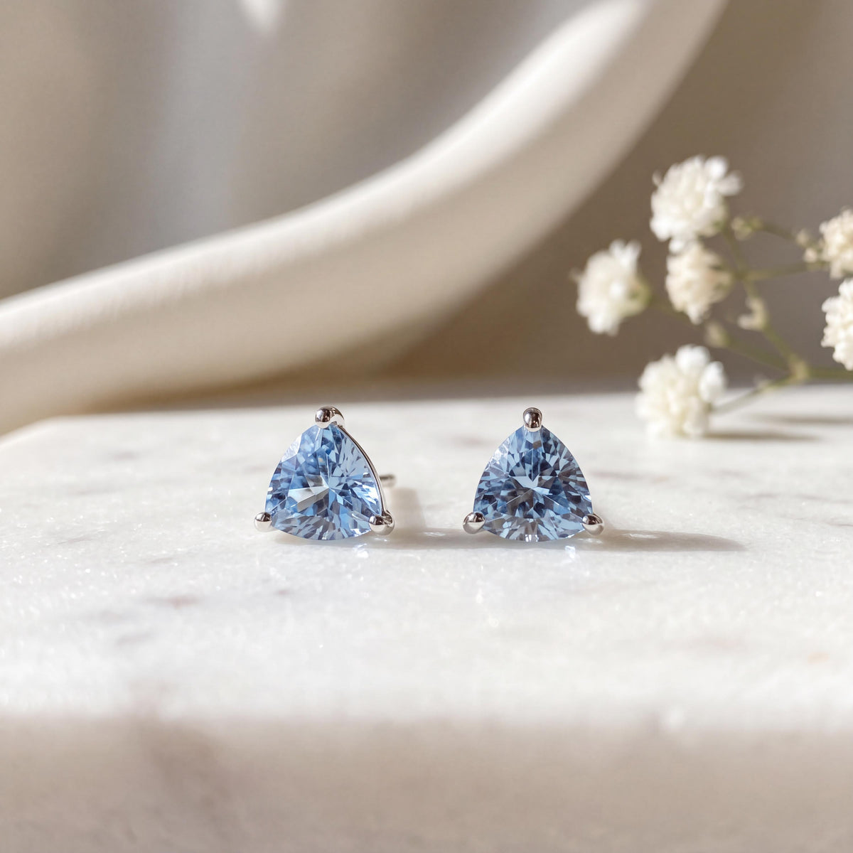 Genuine Ceylon Sapphire Trillion Cut Stud Earrings, 14k Solid Yellow Gold, September Birthstone Gift