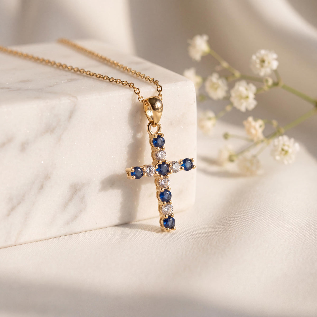 14k White Gold Sapphire Diamond Cross Pendant, September Birthstone Jewelry