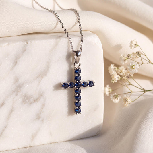 14k Solid Gold Sapphire Cross Pendant, Round Cut, September Birthstone Jewelry