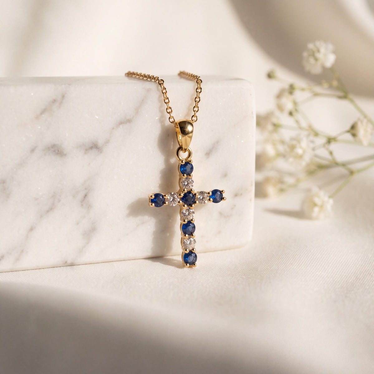 14k White Gold Sapphire Diamond Cross Pendant, September Birthstone Jewelry