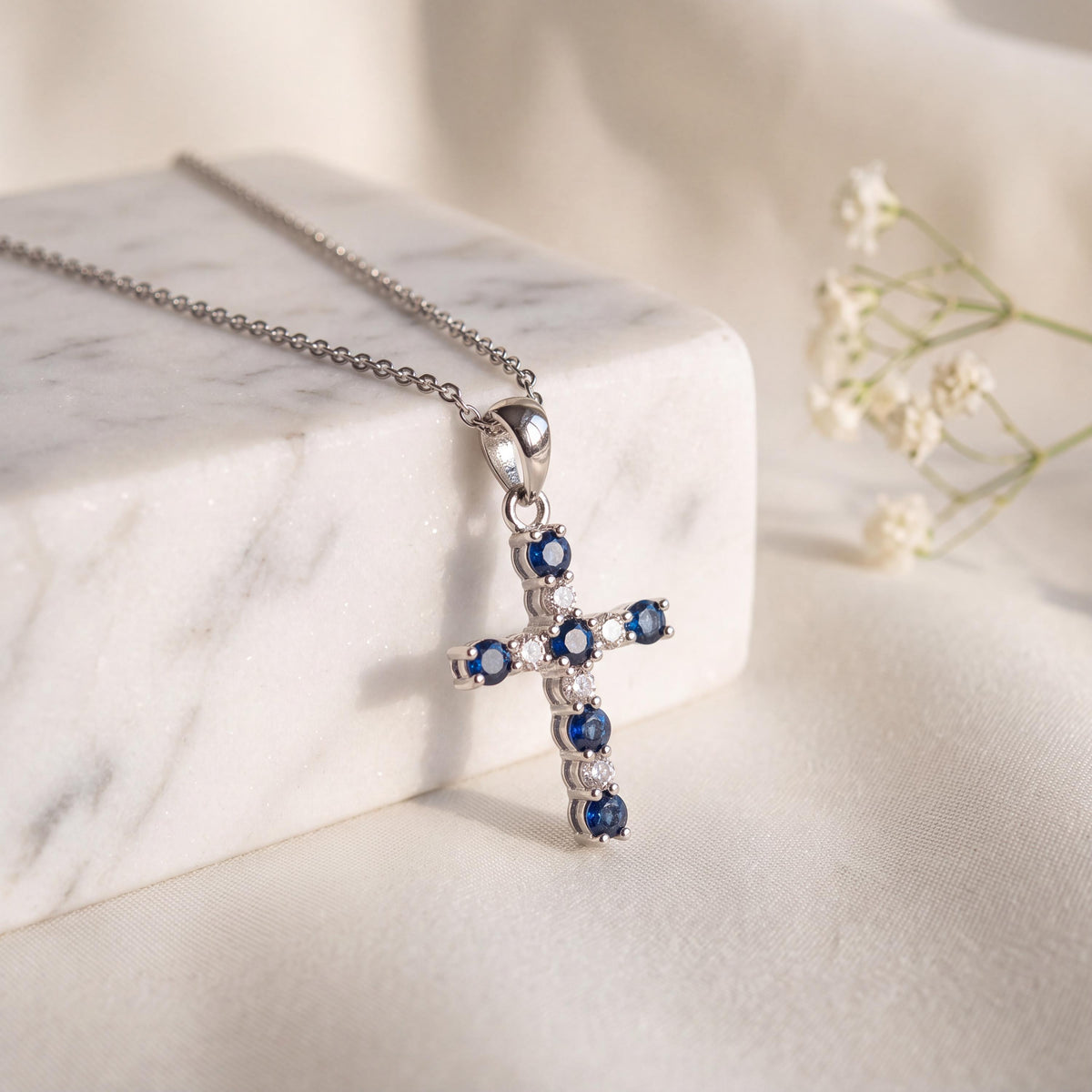 14k White Gold Sapphire Diamond Cross Pendant, September Birthstone Jewelry