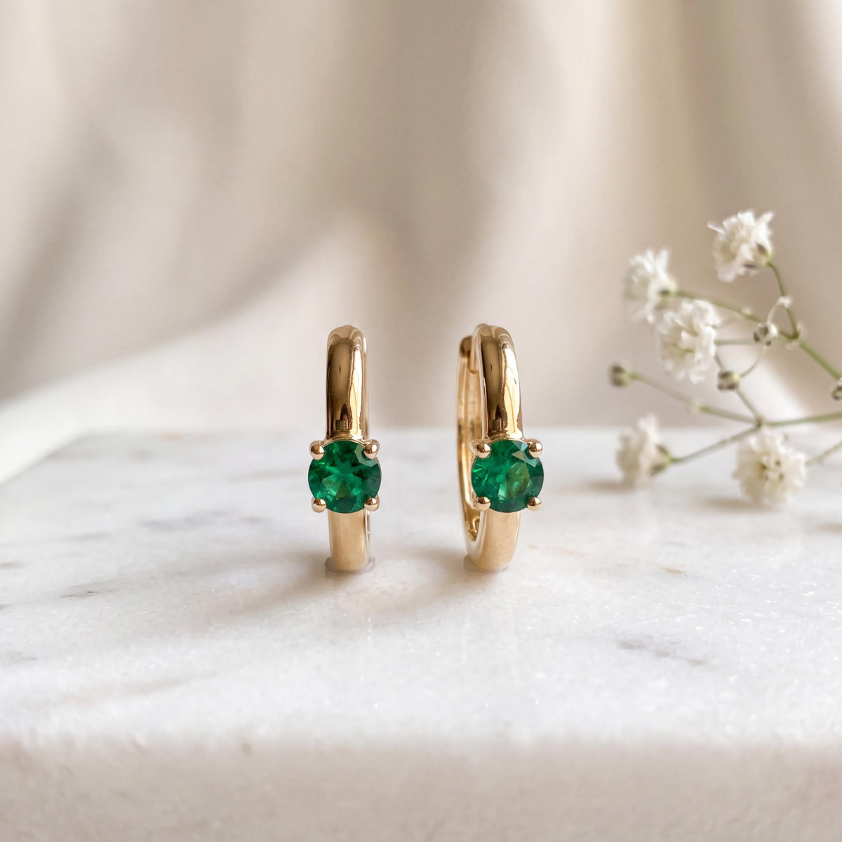 Genuine Dainty Emerald Round Cut Huggie Hoop Earrings, 14k Solid Gold, May Birthstone Gift