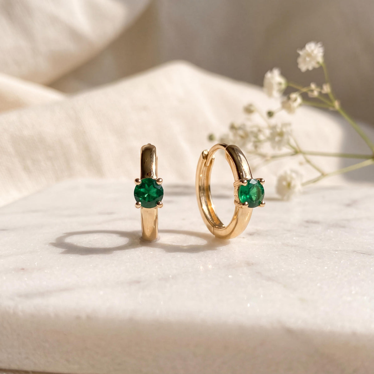 Genuine Dainty Emerald Round Cut Huggie Hoop Earrings, 14k Solid Gold, May Birthstone Gift