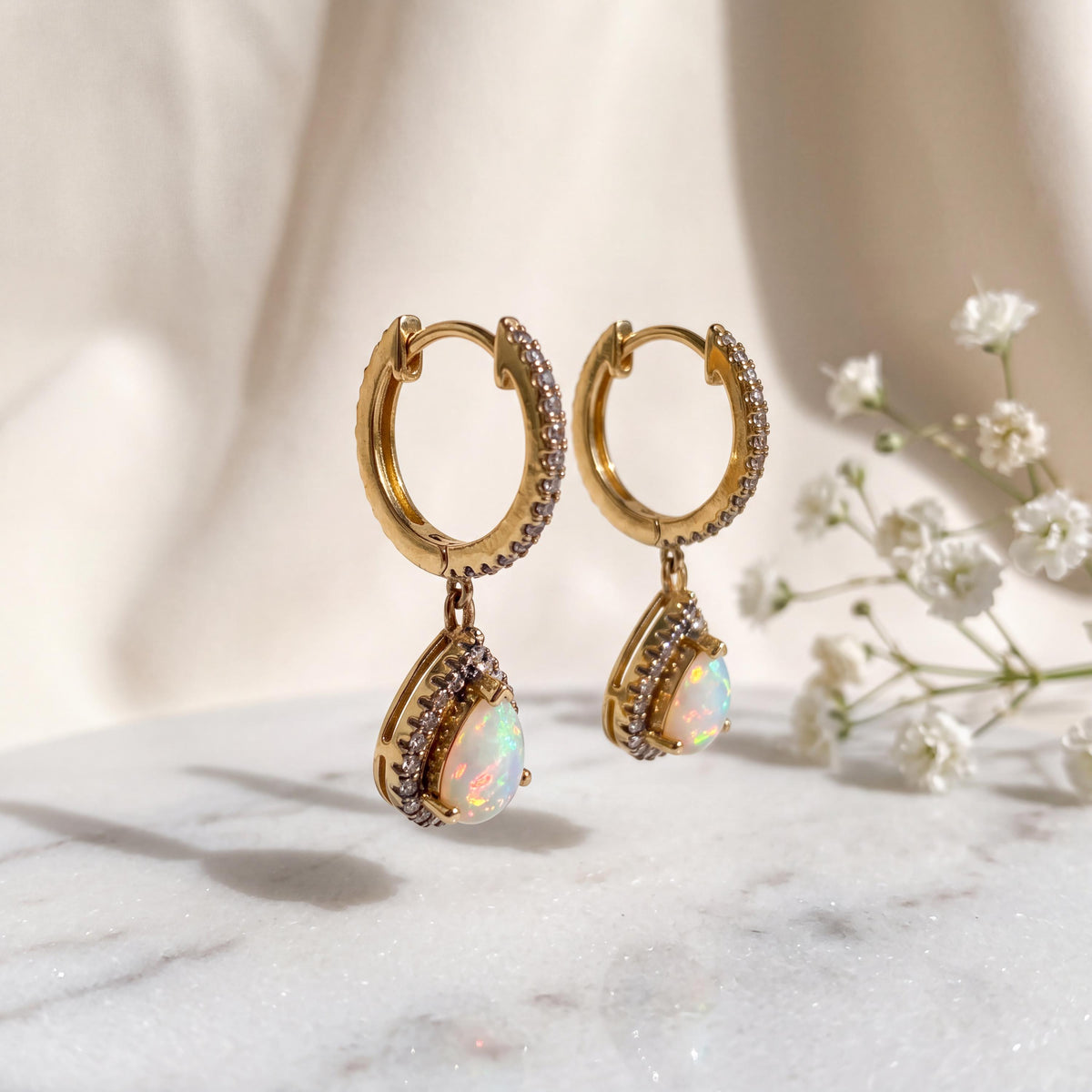 18k Solid Yellow Gold Teardrop Opal Diamond Halo Huggie Hoops, October Birthstone Earrings