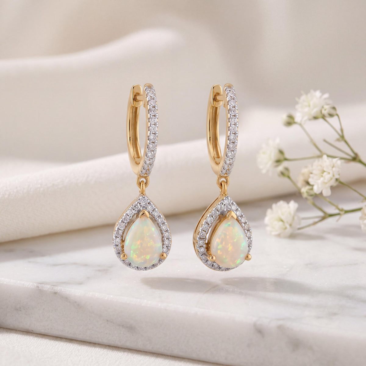 18k Solid Yellow Gold Teardrop Opal Diamond Halo Huggie Hoops, October Birthstone Earrings