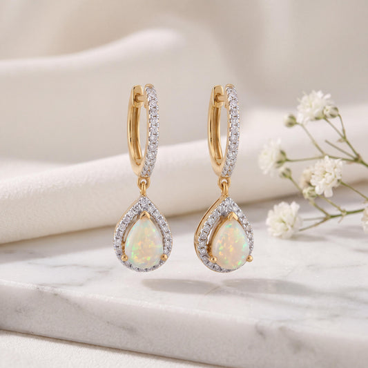 18k Solid Yellow Gold Teardrop Opal Diamond Halo Huggie Hoops, October Birthstone Earrings