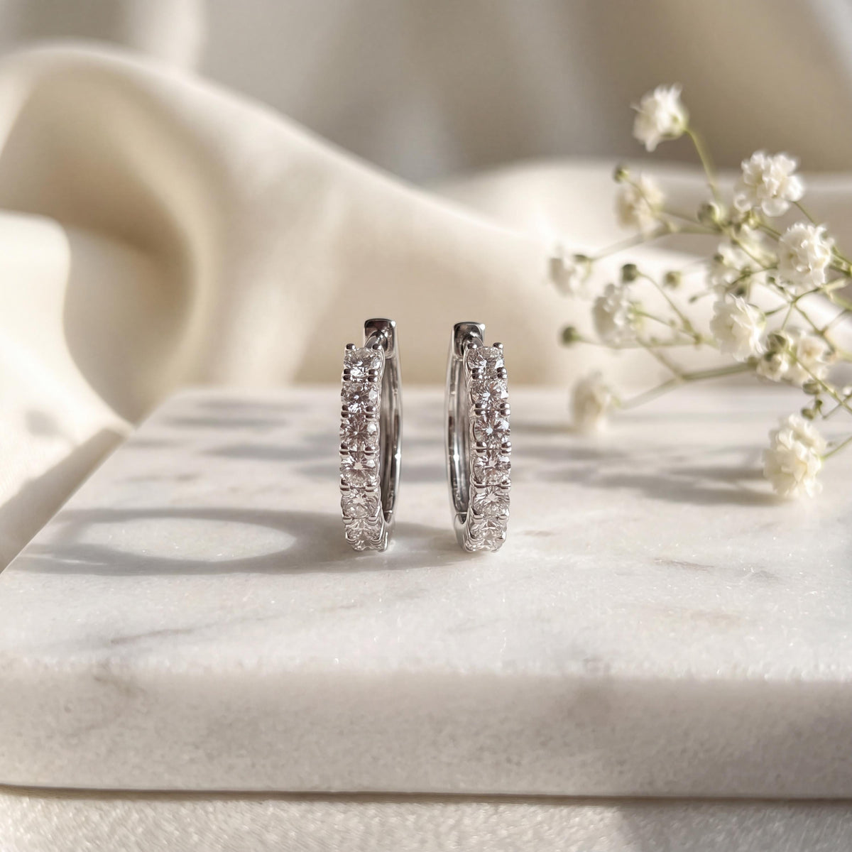 Genuine Diamond Round Cut Huggie Hoop Earrings, 18k Solid Gold, April Birthstone, Gift for Her