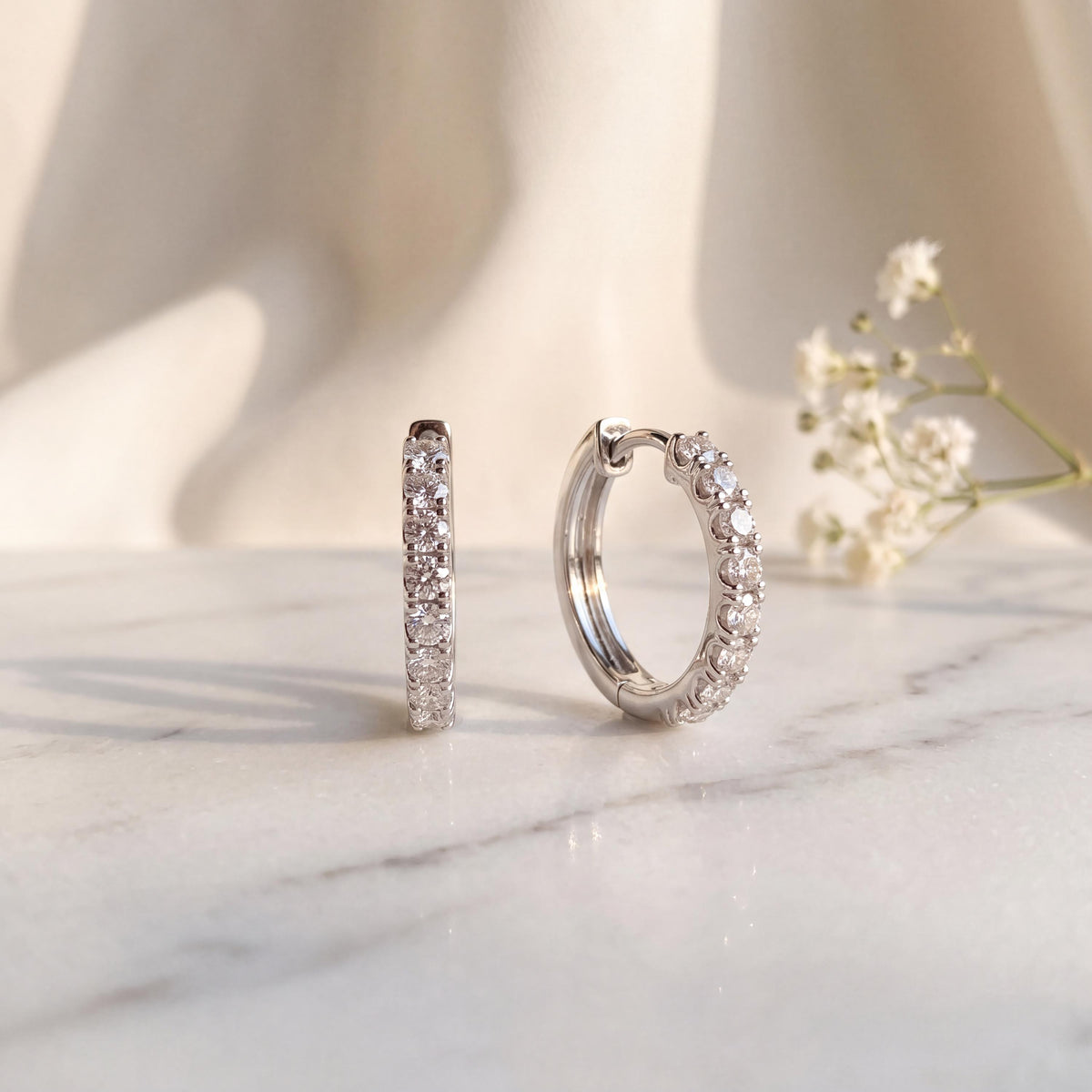 Genuine Diamond Round Cut Huggie Hoop Earrings, 18k Solid Gold, April Birthstone, Gift for Her