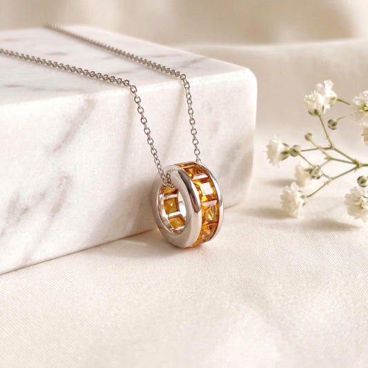 Genuine Citrine Eternity Disc Pendant, 14k Solid Gold, November Birthstone, Gift for Her