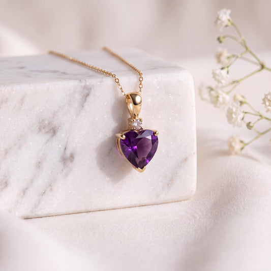 Genuine Amethyst and Diamond Heart Pendant, 14k Solid Gold, February Birthstone, Gift for Her