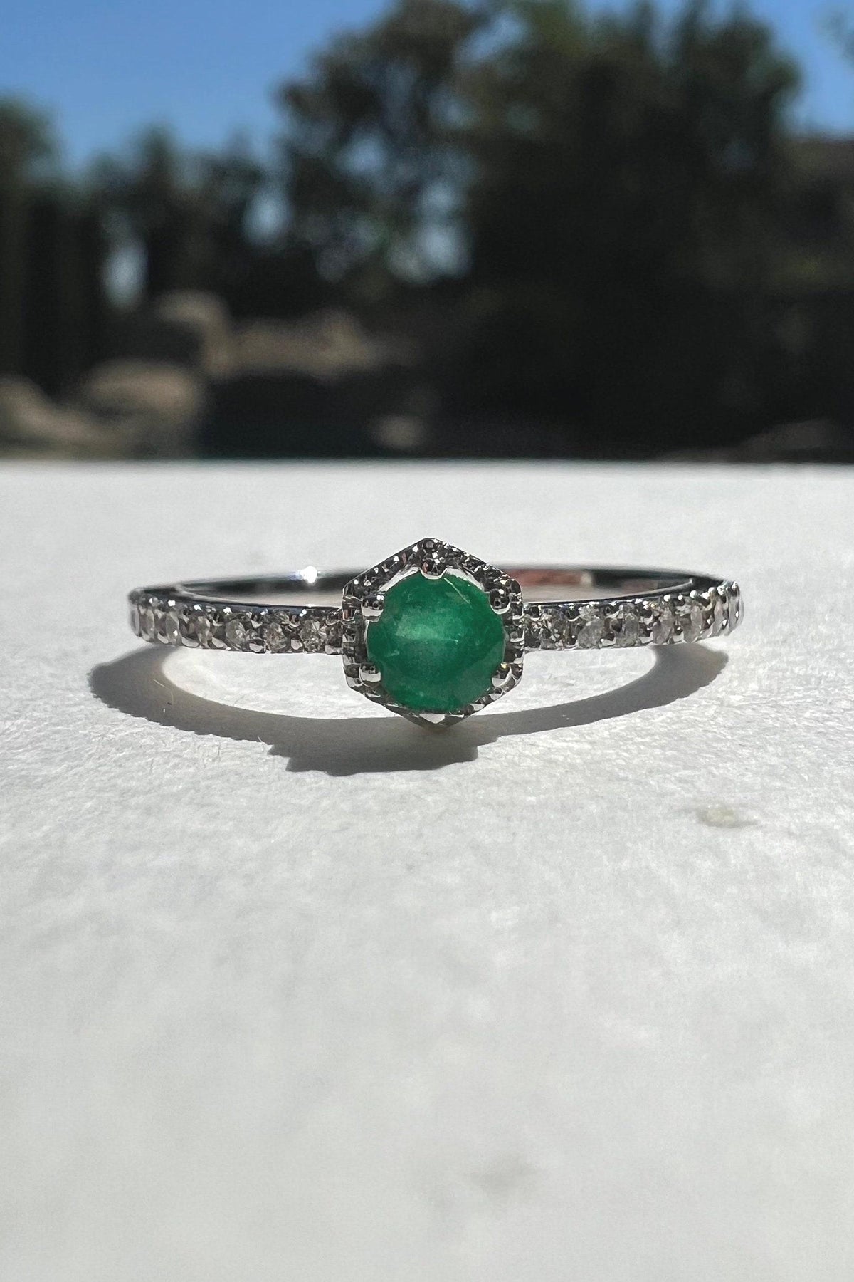 Genuine Emerald and Diamond Dainty Halo Ring, 14k Solid White Gold, May Birthstone, Gift for Her