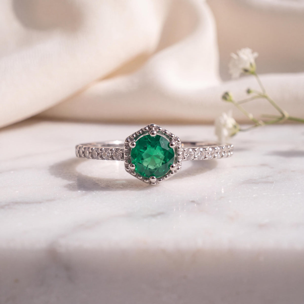 Genuine Emerald and Diamond Dainty Halo Ring, 14k Solid White Gold, May Birthstone, Gift for Her