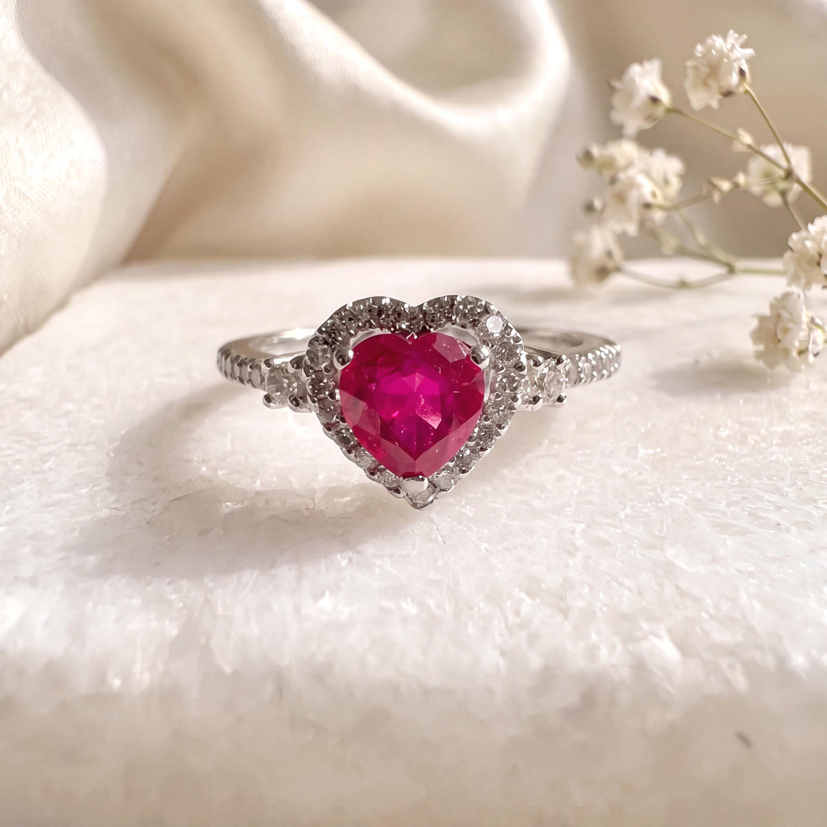 14k Solid White Gold Ruby & Diamond Heart Halo Ring, Natural Ruby and Diamond, July Birthstone Gift