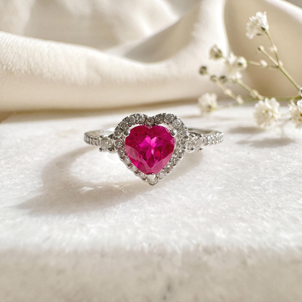 14k Solid White Gold Ruby & Diamond Heart Halo Ring, Natural Ruby and Diamond, July Birthstone Gift