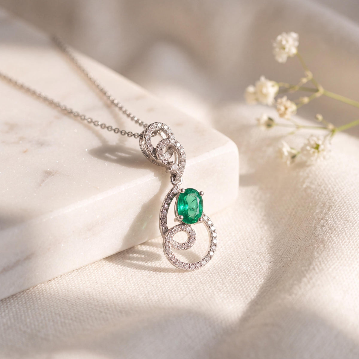 Genuine Emerald and Diamond Oval Cut Swirl Halo Pendant, 14k Solid White Gold, May Birthstone