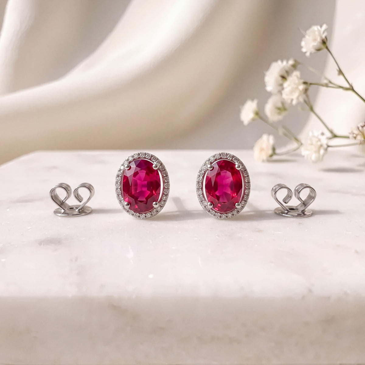 Genuine Oval Cut Ruby Halo Stud Earrings, 14k Solid White Gold, July Birthstone