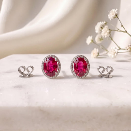 Genuine Oval Cut Ruby Halo Stud Earrings, 14k Solid White Gold, July Birthstone