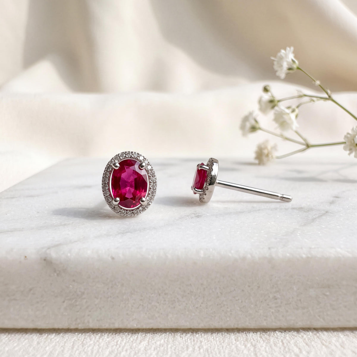 Genuine Oval Cut Ruby Halo Stud Earrings, 14k Solid White Gold, July Birthstone