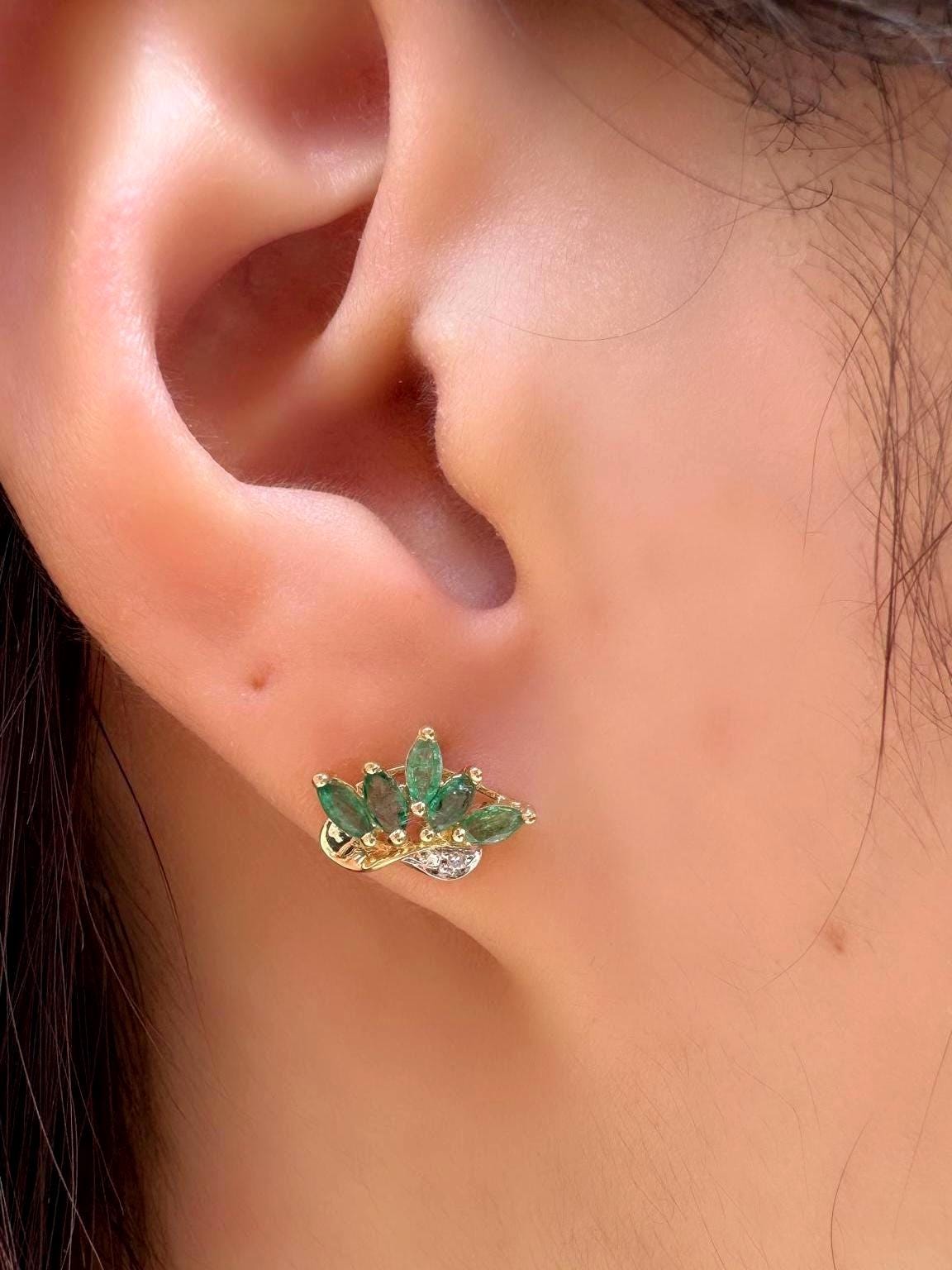 Genuine Emerald and Diamond Marquise Lotus Stud Earrings, 14k Solid Gold, May Birthstone Gift