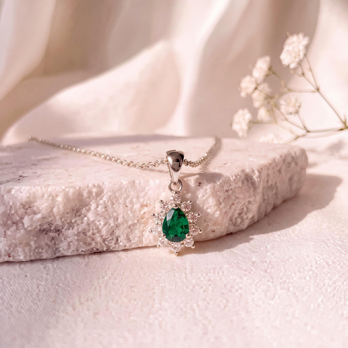 Genuine Emerald and Diamond Pear Cut Flower Pendant | 14k Solid Gold