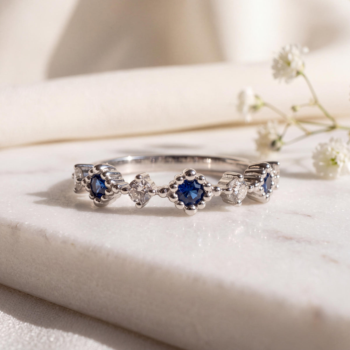 Genuine Sapphire and Diamond Alternating Row Ring, 14k Solid White Gold, September Birthstone