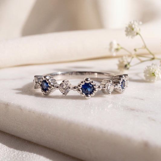 Genuine Sapphire and Diamond Alternating Row Ring, 14k Solid White Gold, September Birthstone