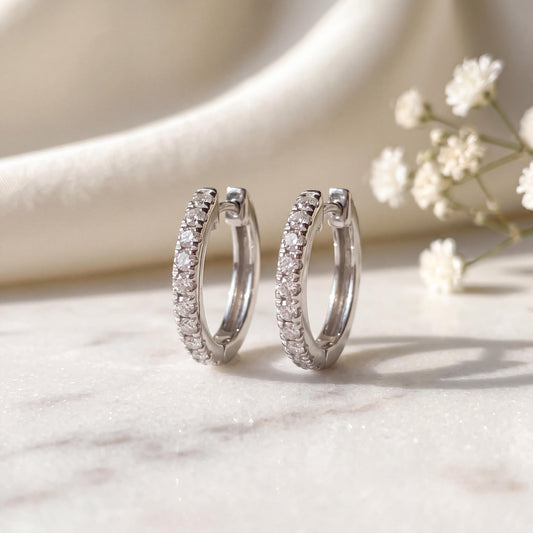 Genuine Diamond Mini Huggie Hoop Earrings, 14k Solid Gold, April Birthstone, Gift for Her