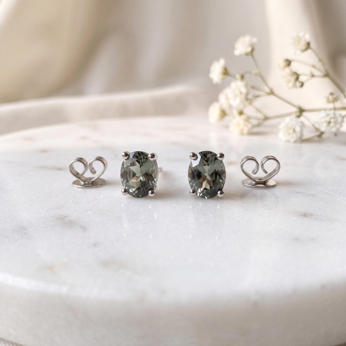 Genuine Green Sapphire Oval Stud Earrings, 14k Solid Gold, September Birthstone