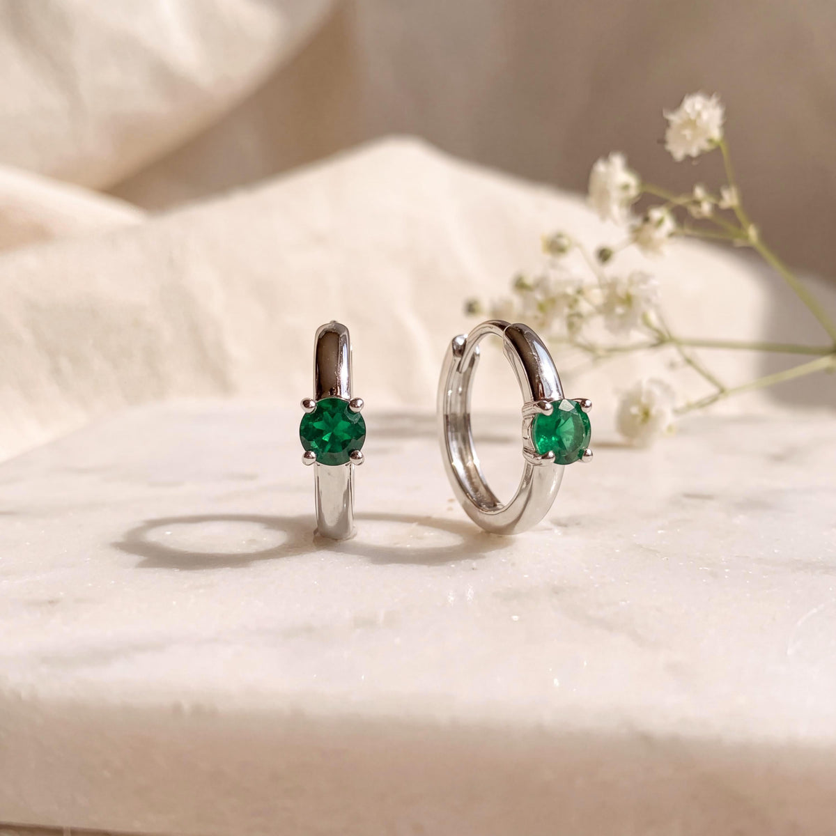 Genuine Dainty Emerald Round Cut Huggie Hoop Earrings, 14k Solid Gold, May Birthstone Gift
