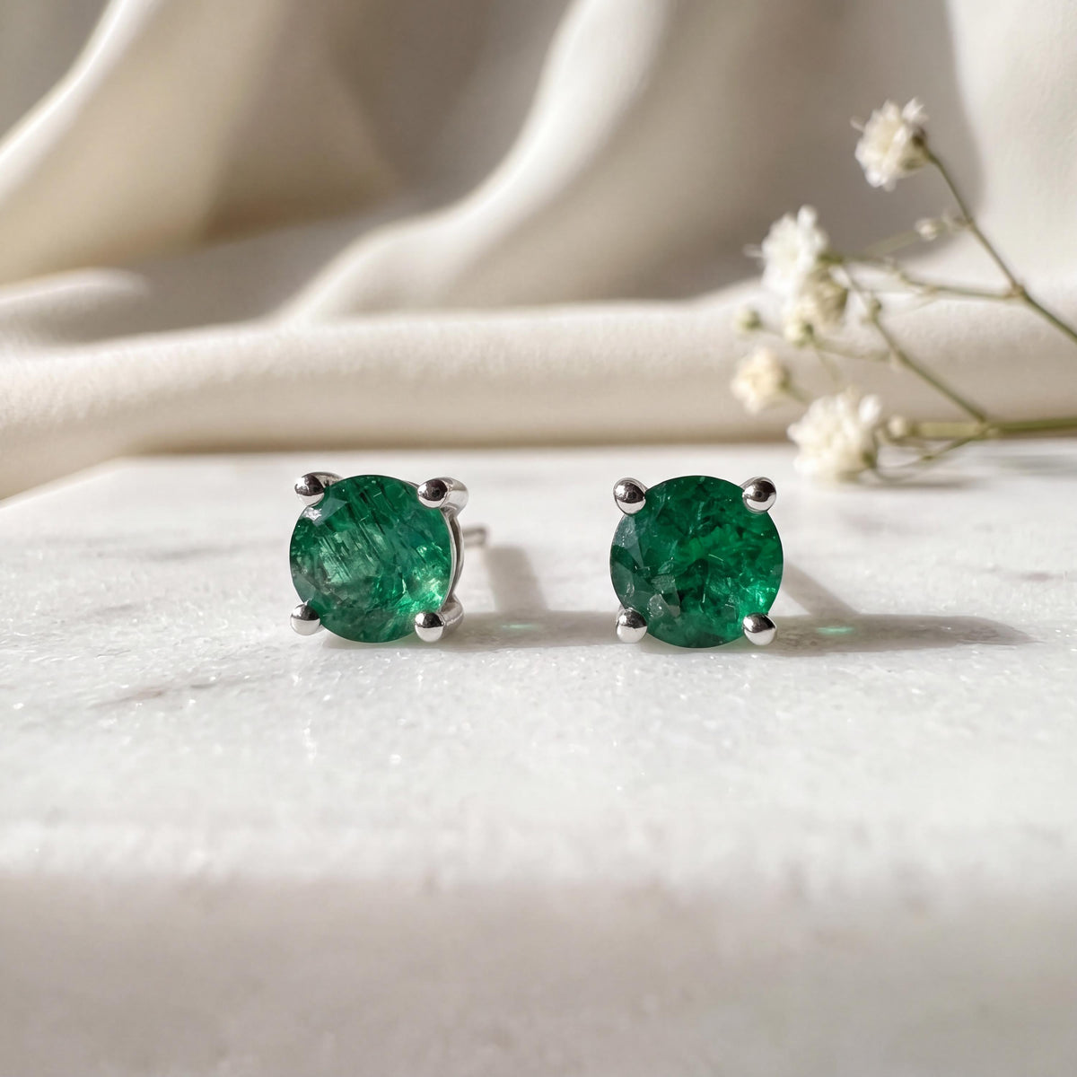 Genuine Emerald 3 mm Round Cut Solitaire Stud Earrings in 14k Solid Gold