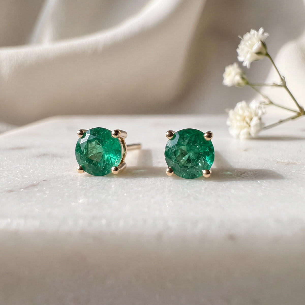 Genuine Emerald 3 mm Round Cut Solitaire Stud Earrings in 14k Solid Gold