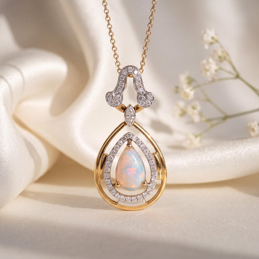 Genuine Teardrop Opal and Diamond Pendant in 18k Solid Yellow Gold