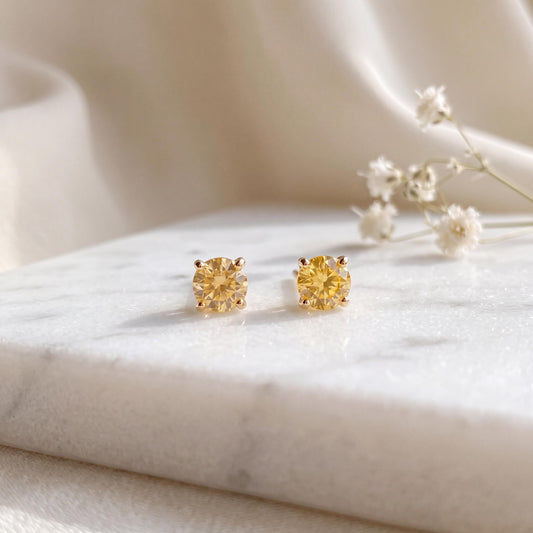 Genuine Yellow Sapphire 3 mm Round Cut Stud Earrings in 14k Solid Gold
