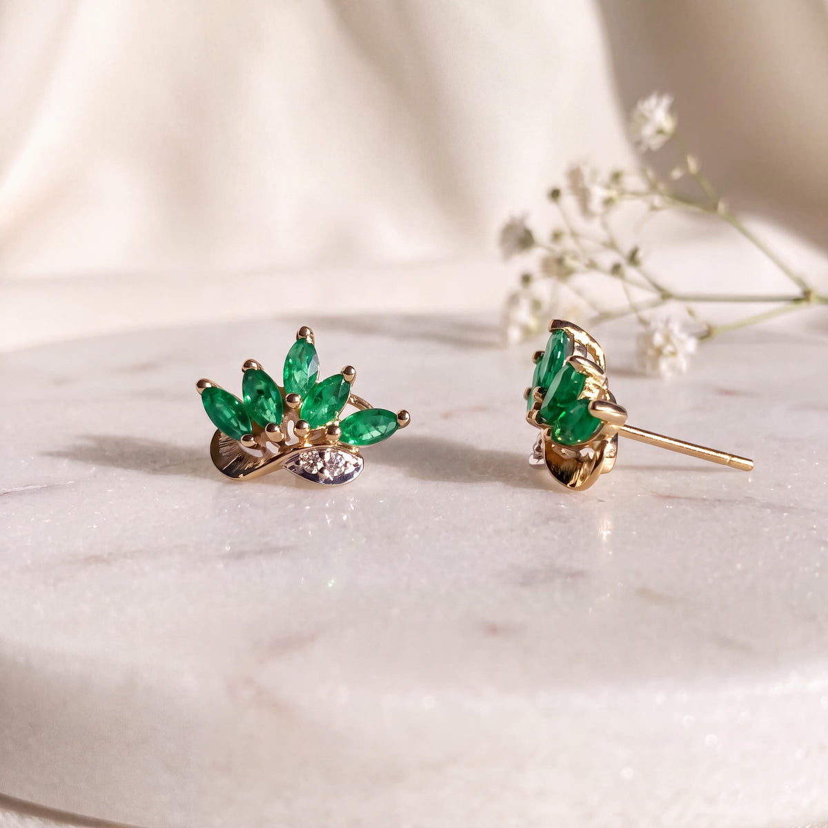 Genuine Emerald and Diamond Marquise Lotus Stud Earrings, 14k Solid Gold, May Birthstone Gift