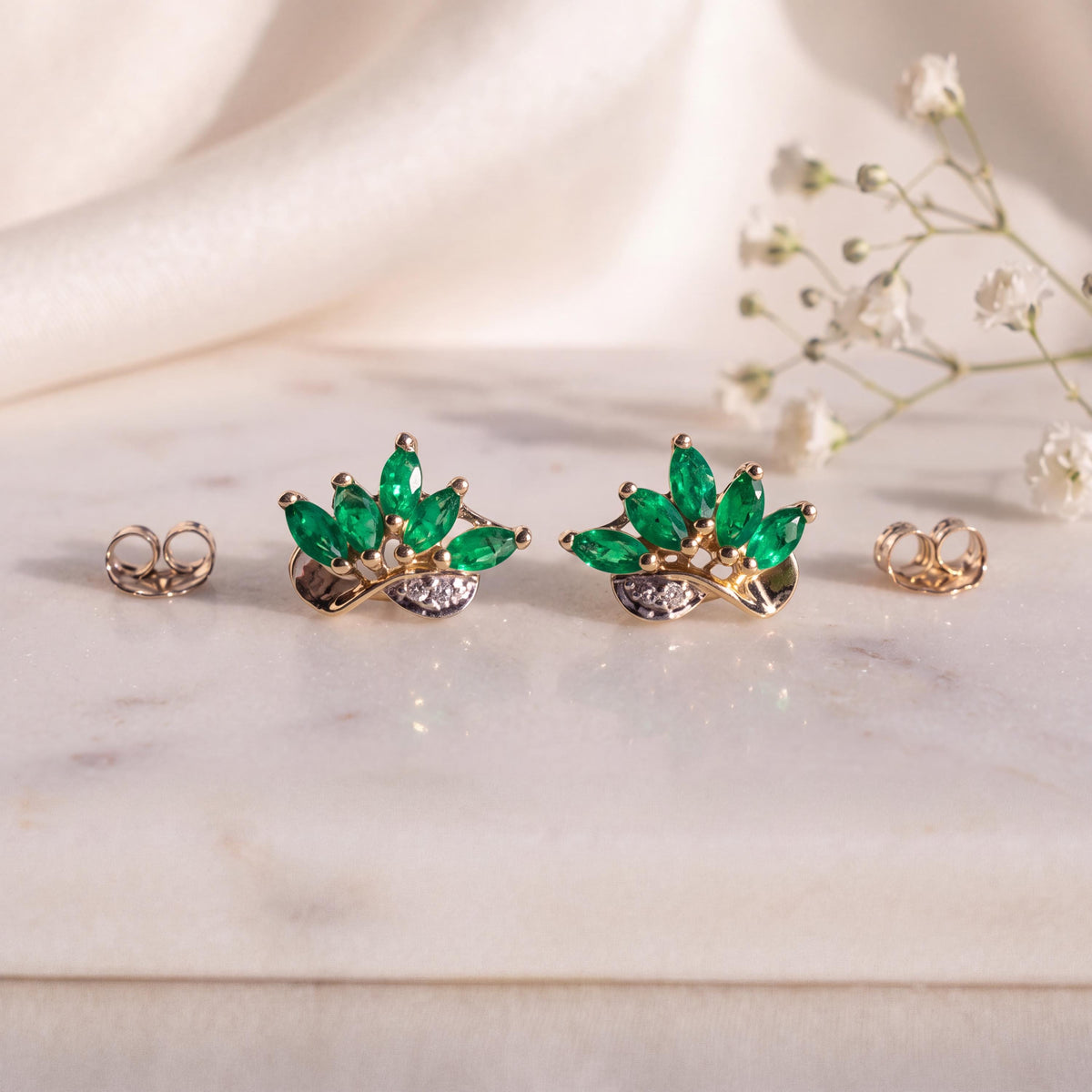 Genuine Emerald and Diamond Marquise Lotus Stud Earrings, 14k Solid Gold, May Birthstone Gift