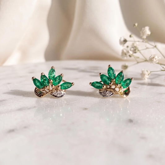 Genuine Emerald and Diamond Marquise Lotus Stud Earrings, 14k Solid Gold, May Birthstone Gift