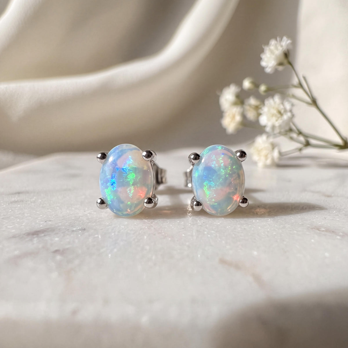 14k Solid Gold Oval Opal Stud Earrings, October Birthstone, Natural Gemstone