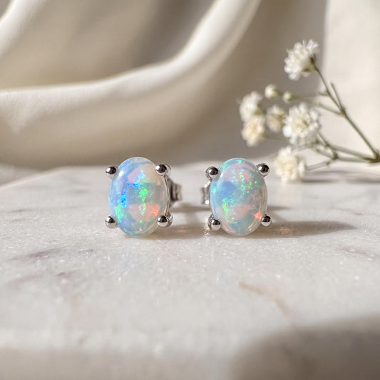 14k Solid Gold Oval Opal Stud Earrings, October Birthstone, Natural Gemstone