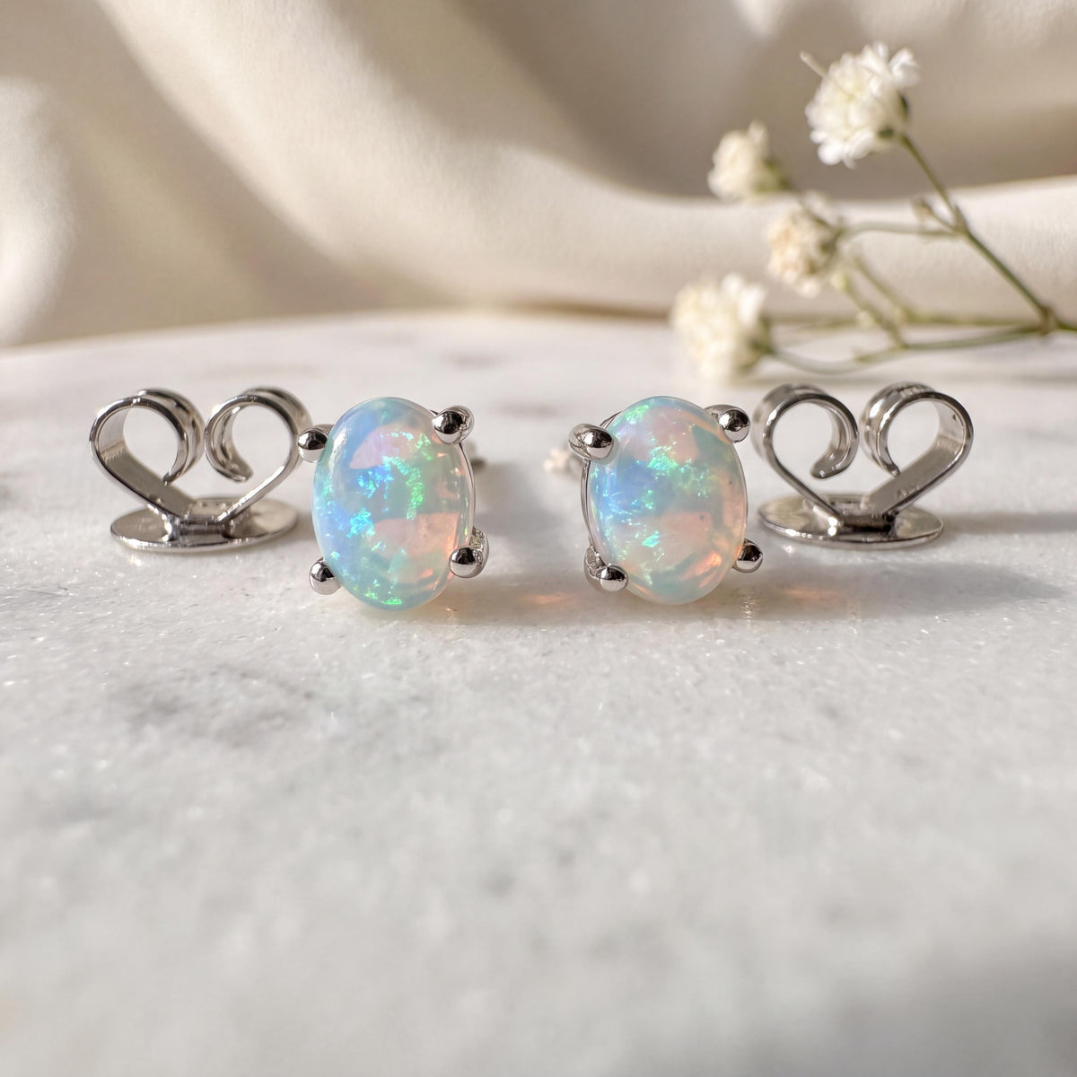 14k Solid Gold Oval Opal Stud Earrings, October Birthstone, Natural Gemstone