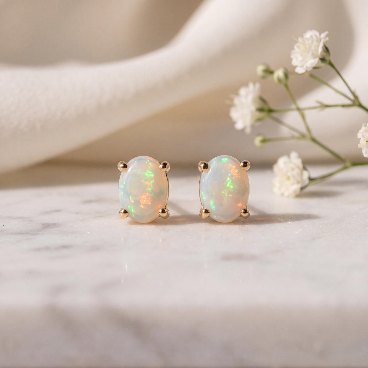 14k Solid Gold Oval Opal Stud Earrings, October Birthstone, Natural Gemstone