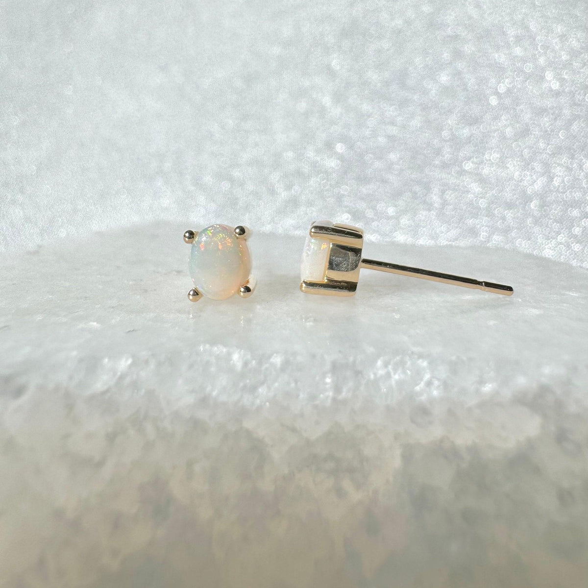 14k Solid Gold Oval Opal Stud Earrings, October Birthstone, Untreated Natural Gemstone