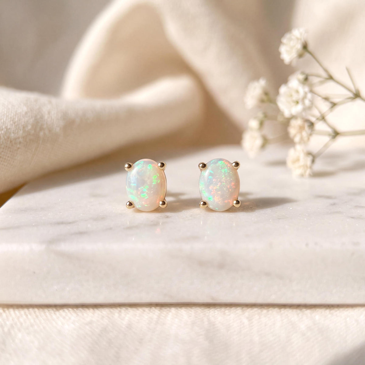 14k Solid Gold Oval Opal Stud Earrings, October Birthstone, Untreated Natural Gemstone